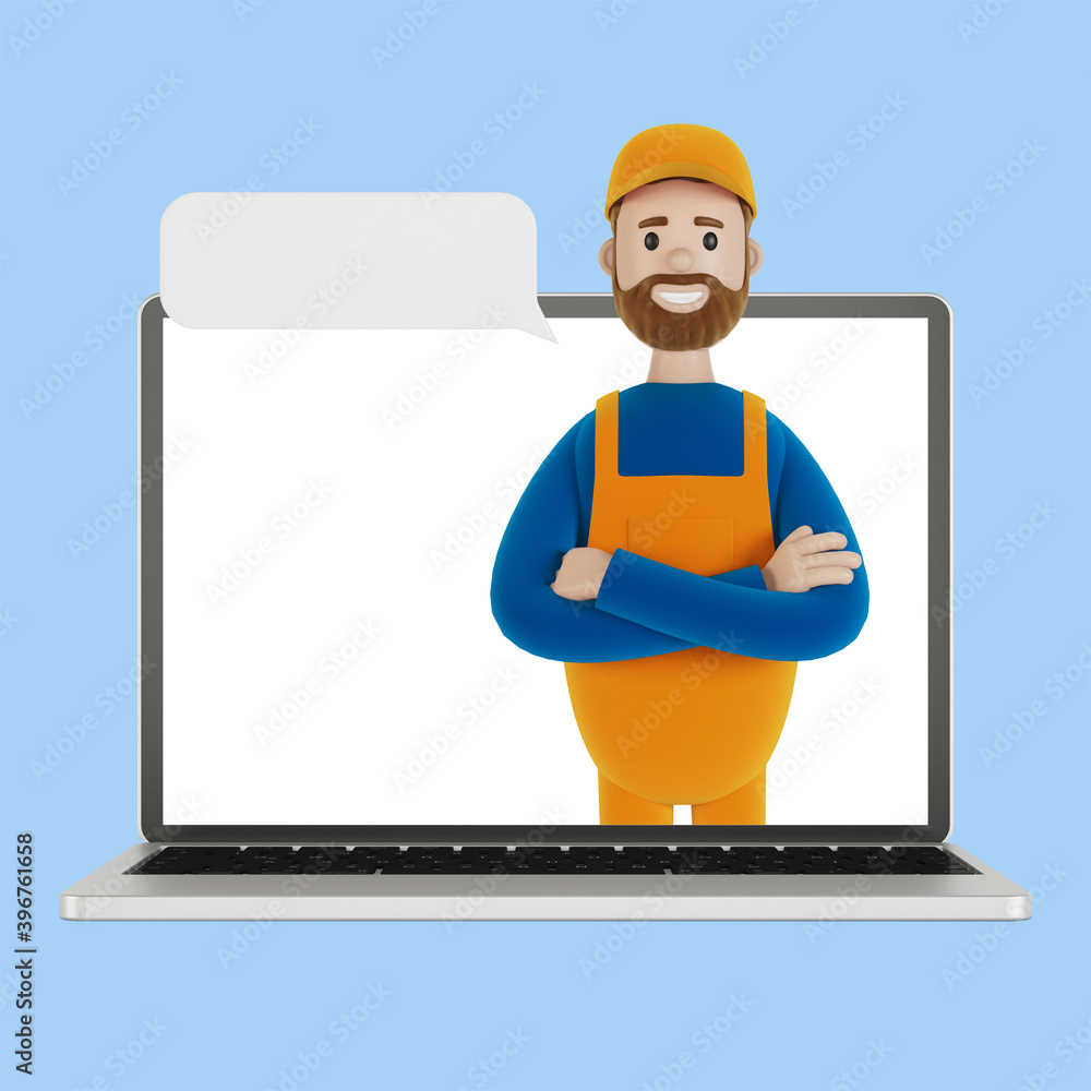 Laptop screen with wizard. Husband for an hour. An electrician, plumber, carpenter calls the foreman to work. 3D illustration in cartoon style. Laptop screen with wizard. Husband for an hour. An electrician, plumber, carpenter calls the foreman to work. 3D illustration in cartoon style.