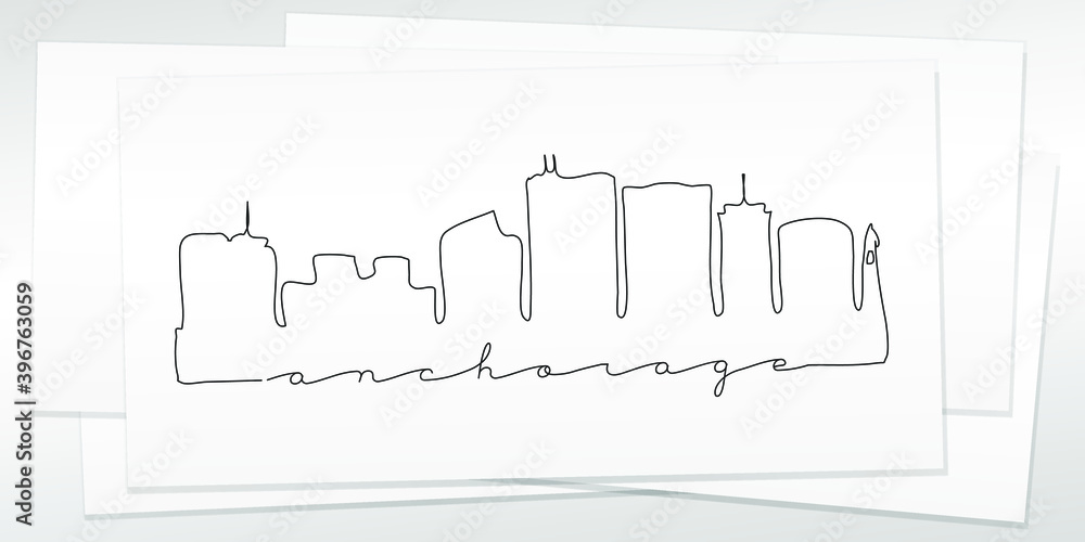 Anchorage, AK, USA Doodle Skyline Hand Drawn. City One Line Art Illustration Landmark. Minimalistic Sketch Pen Background.