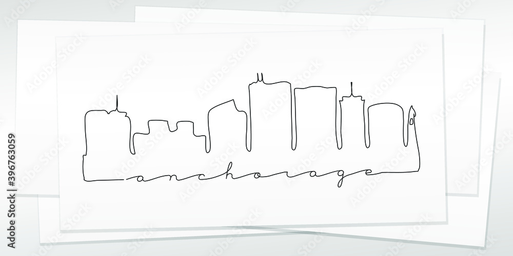 Naklejka premium Anchorage, AK, USA Doodle Skyline Hand Drawn. City One Line Art Illustration Landmark. Minimalistic Sketch Pen Background.