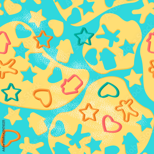 Rolled raw dough and cookie shapes in the form of a house, star, heart and gingerbread man. Flat seamless pattern. Cooking christmas cookies.