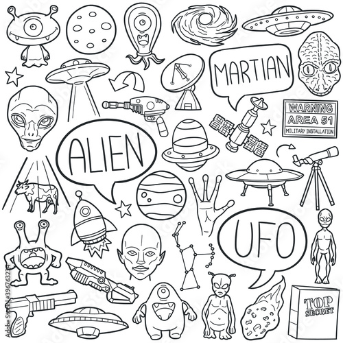 Alien doodle icon set. UFO Space Vector illustration collection. Martians Banner Hand drawn Line art style.
