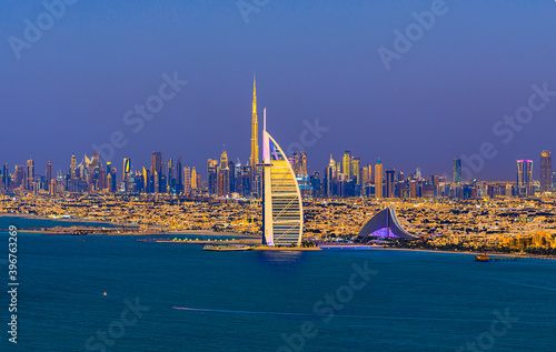 DUBAI,UNITED ARAB EMIRATES: Dubai center and luxury hotels on Jumeirah beach,Dubai,United Arab Emirates, UAE