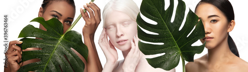 Green way. Beautiful face of two young women with clean and fresh skin. Flyer with copyspace for ad. Concept of beauty, healthcare, cosmetics, fashion. Attractive multi-ethnic young women with well photo