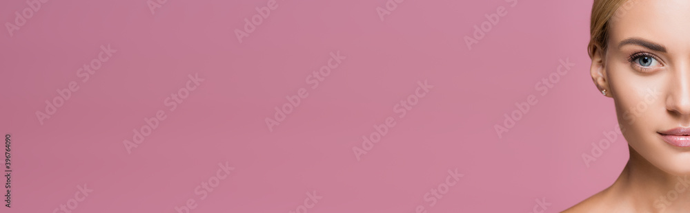 Obraz premium cropped view of beautiful blonde woman with perfect skin isolated on pink, banner