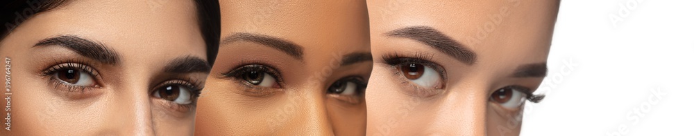 Obraz premium Close up female eyes. Faces of beautiful multi-ethnic young women, focus on eyes. Human emotions, facial expression, cosmetology, body and skin care concept. Horizontal collage