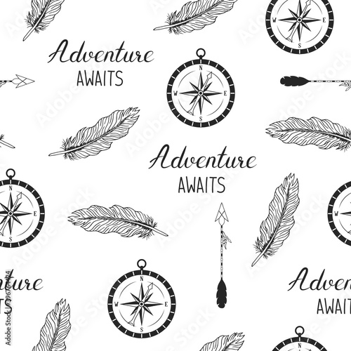 Hand drawn adventure awaits seamless pattern with compass, arrows and feathers. Vector isolated wanderlust texture.