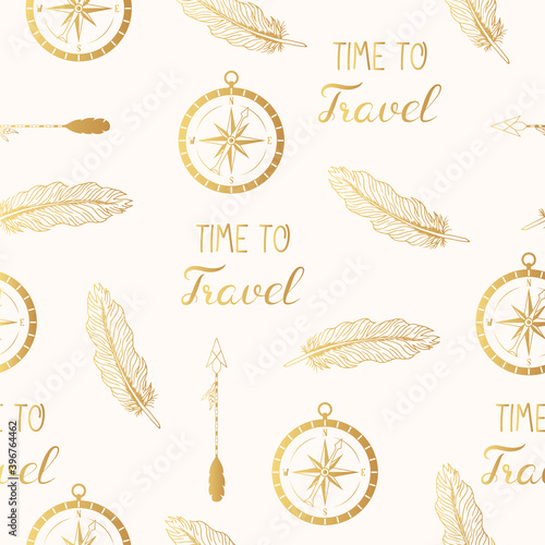 Hand drawn golden seamless pattern with compass, arrows and feathers. Vector isolated gold wanderlust texture. Time to travel background.