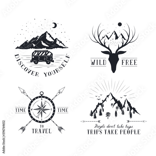 Set of hand drawn wanderlust labels with mountains, deer and compass. Vector isolated explore, adventure and discovery prints and badges.