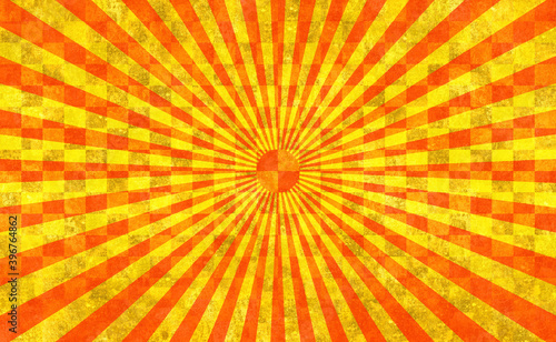 赤の放射線。金色の背景。太陽。古い紙の素材。
Red radiation. Golden background. Sun. Old paper material.