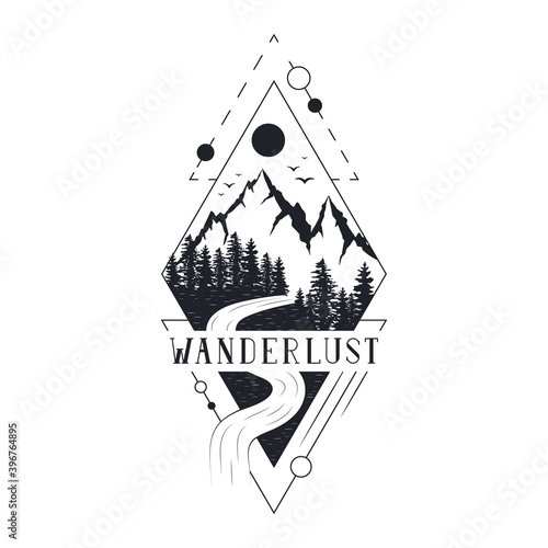 Hand drawn wanderlust badge with forest trees, mountain, moon and lake. Vector isolated adventure print. Geometric frame for travel label. 