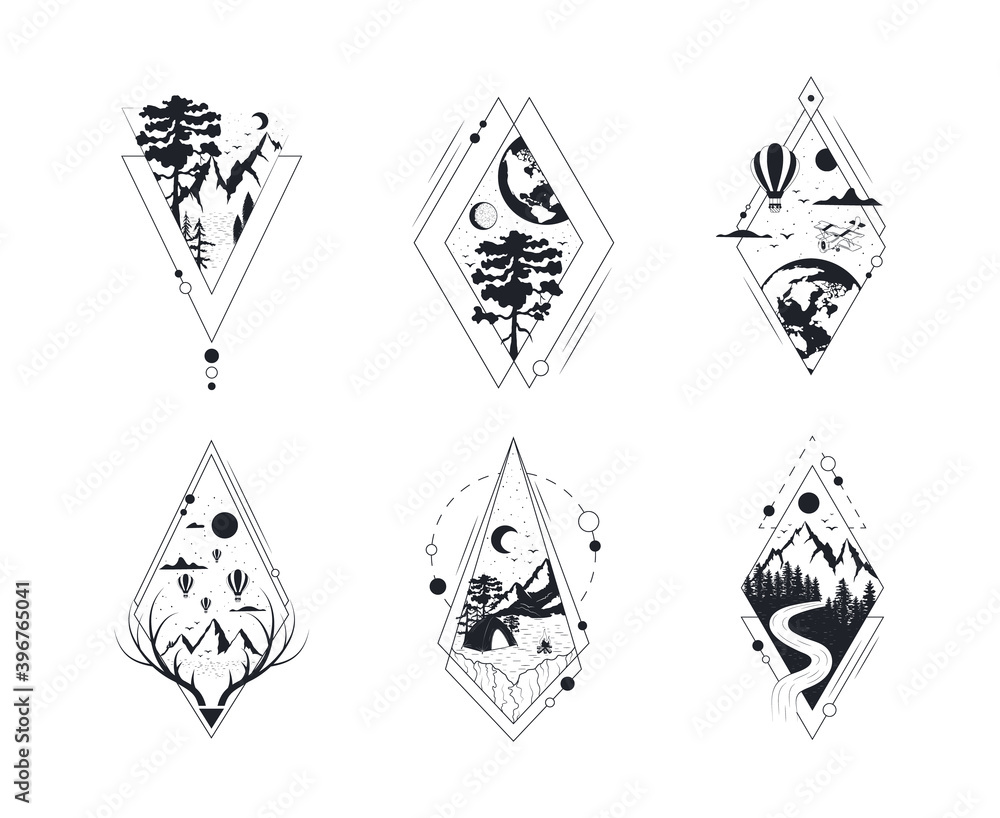 Set of geometric frames for posters and tattoo. Vector isolated adventure prints. Hand drawn wanderlust badges and labels with forest trees, mountains, globe, moon and stars.