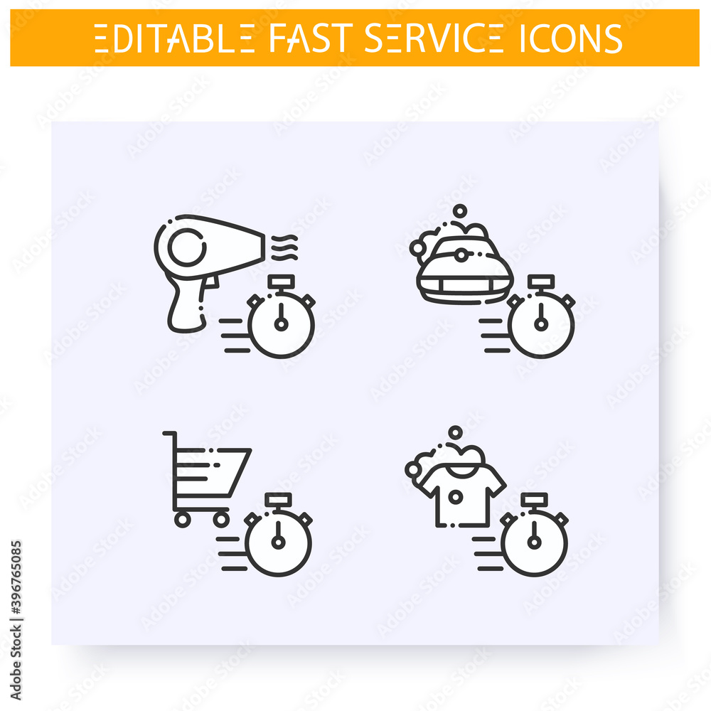Fast service line icons set. Quick beauty service, shopping, laundry and car maintenance. Express solutions, short term, time management concept. Isolated vector illustrations. Editable stroke Fast service line icons set. Quick beauty service, shopping, laundry and car maintenance. Express solutions, short term, time management concept. Isolated vector illustrations. Editable stroke