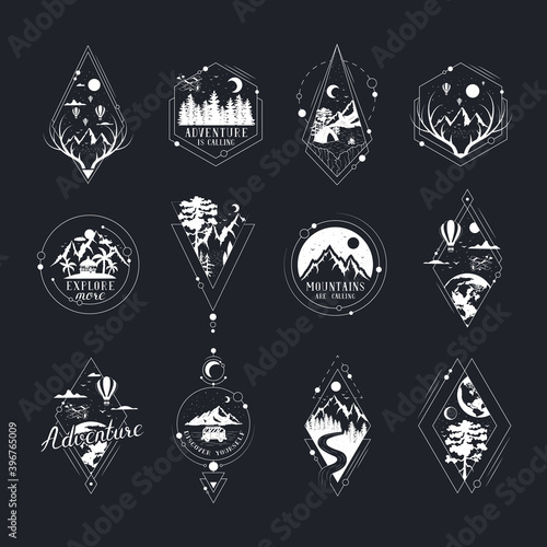 Set of hand drawn wanderlust badges and labels with forest trees, mountains, globe, moon and stars. Vector isolated adventure prints. Geometric frames for posters and tattoo. 