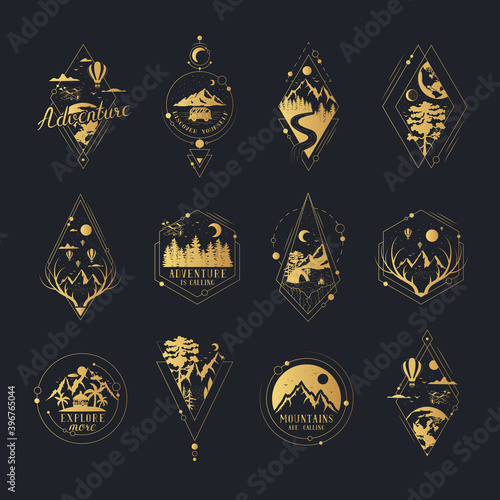 Set of hand drawn golden wanderlust badges and labels with forest trees, mountains, globe, moon and stars. Vector isolated adventure prints. Gold geometric frames for posters and tattoo. 