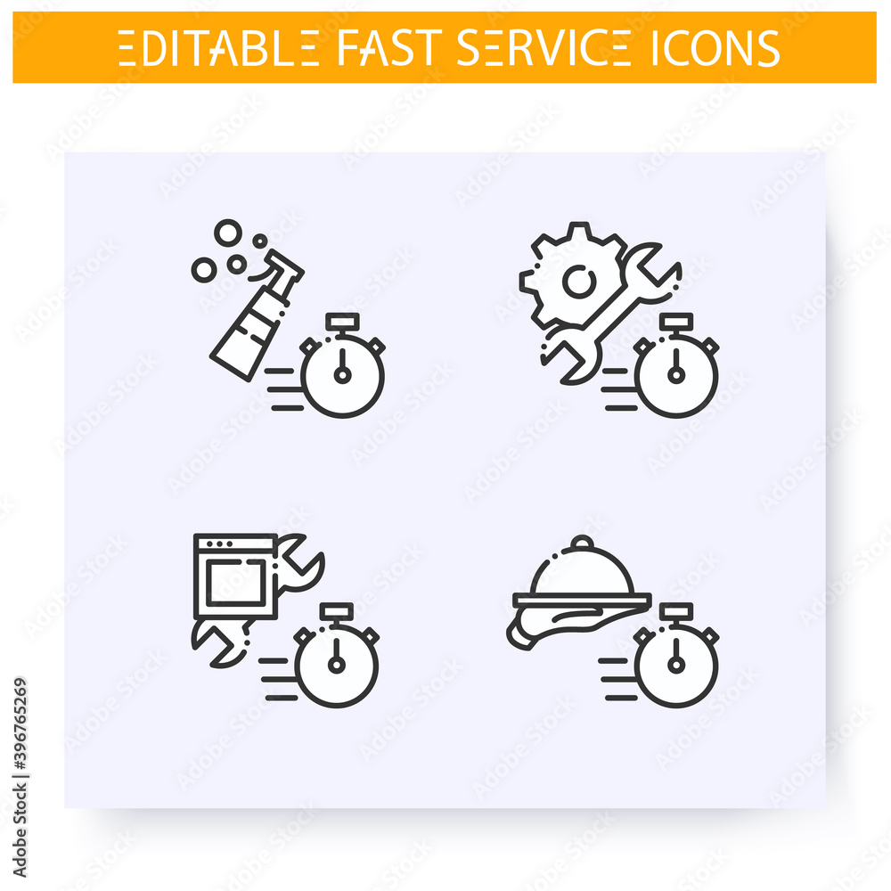 Fast service line icons set. Quick cleaning, repair, catering, maintenance. Express solutions, short term, time management concept. Isolated vector illustrations. Editable stroke Fast service line icons set. Quick cleaning, repair, catering, maintenance. Express solutions, short term, time management concept. Isolated vector illustrations. Editable stroke
