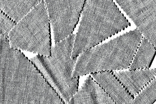 Grunge texture of pieces of fabric, scraps, waste clothing production of coarse linen fabric, burlap. Vector illustration. Overlay template.