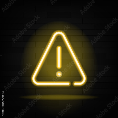 Warning neon text and triangle sign with exclamation mark. Caution design.