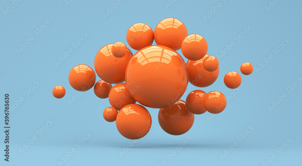 Naklejka 3d render illustration. Falling orange balls in the blue background.