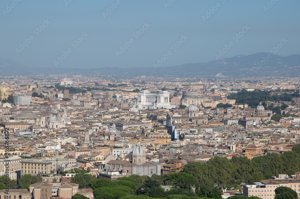 Rome skyline as seen from Castel Sant'Angelo, with the dome of Saint Agnese Church, the Campidoglio and the Altare della Patria monument.