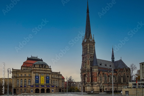Theaterplatz with historical opera house and Petri church in Chemnitz