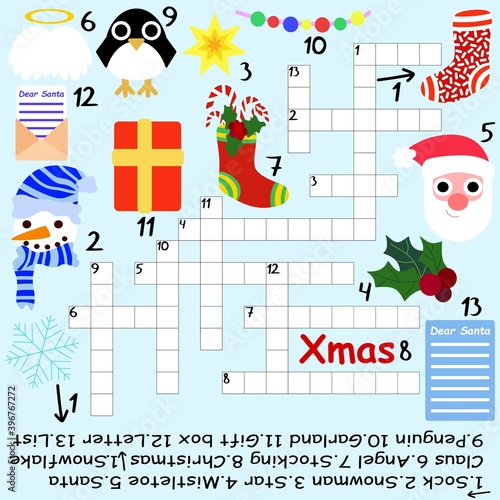 Big Christmas crossword stock vector illustration. Funny educational winter holidays crossword in English with answer. Amusing word game colorful square printable worksheet for kids home pastime