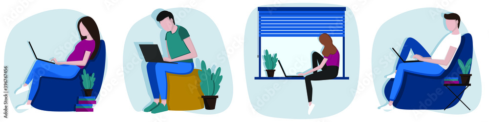 A selection of vector images of young people, men and women working on a laptop at home or in the office Office worker at work. Online training remotely from home. A selection of vector images of young people, men and women working on a laptop at home or in the office Office worker at work. Online training remotely from home.