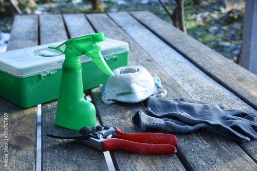 Garden maintenance tools pruner gloves sprayer garden first aid kit and respirator. Garden maintenance and trees or bush healf service photo