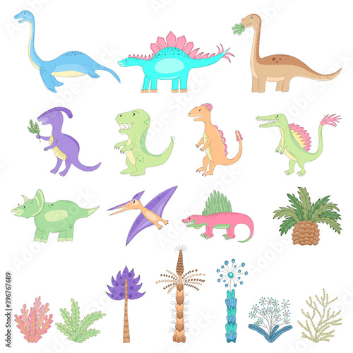 Vector collection of cute cartoon imaginary dinosaurs and ancient plants.