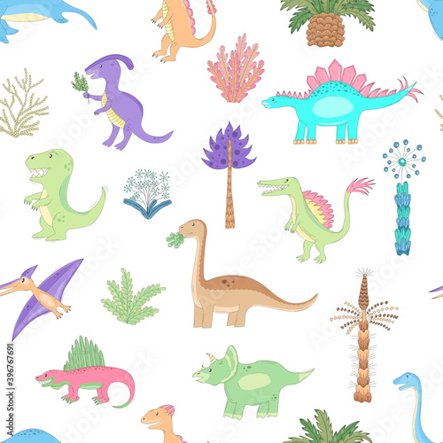 It is the seamless vector background for kids with cute cartoon dinosaurs. Prehistoric dinos are walking between ancient imaginary plants. Funny bright hand-drawn dinosaurs are drawn in sketch style. © Anastasiia Kolpakova