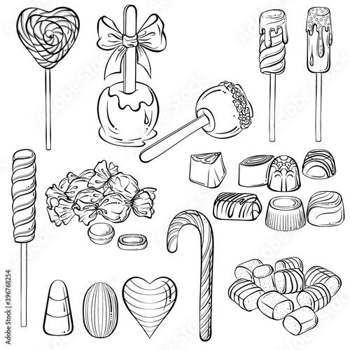 Set with various candies and sweets. Lollipop, chocolate, candy cane, marshmallow. Hand drawn vector illustration with black outline isolated on white background. Applicable for coloring book, print.