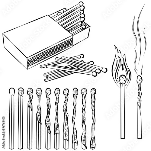 Set of matches. Burning match with fire, burnt matchstick, opened match box. Hand drawn vector illustration with black outline isolated on white background. Elements for coloring book, icon and logo.