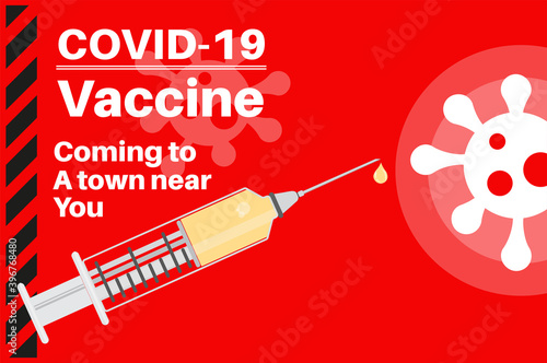 Approved Covid-19 vaccine coming to a town near you this Christmas Vector Illustration with virus logo on a red background.