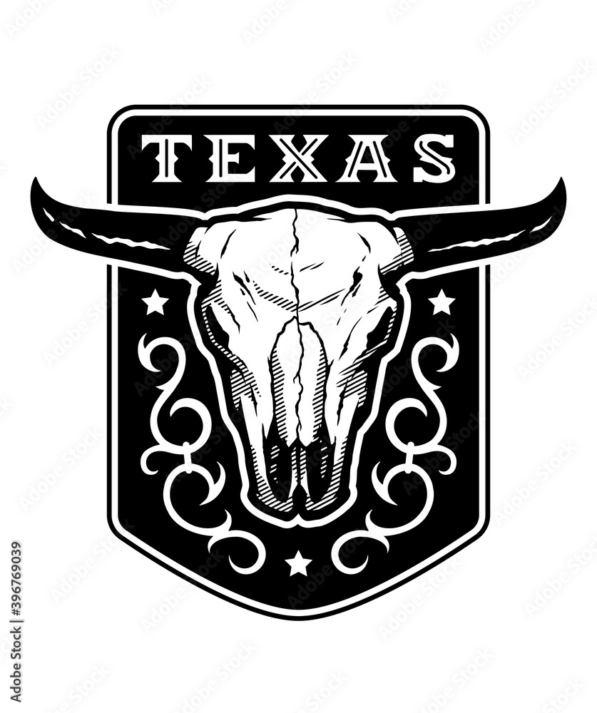 Texas, vintage emblem with bull skull. Vector illustration. Stock ...