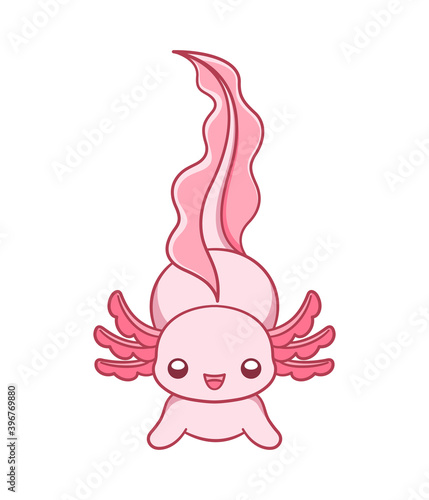 Happy axolotl front view cartoon vector illustration. Cute underwater aquatic animal design for kids. Simple flat style with outline clip art.