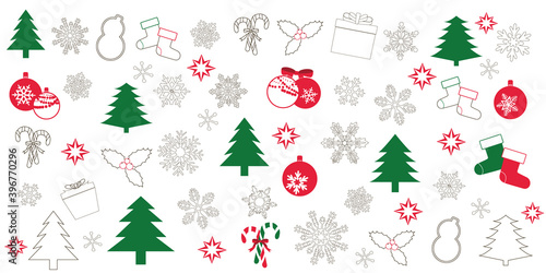 Christmas pattern made of ornaments and icons. Vector illustration. クリスマスパターン、クリスマスウォールペーパーイラスト