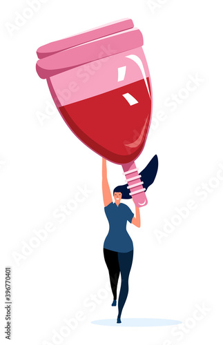 Strong athletic girl holding a big menstrual cup.Comfort and hygiene during periods.Body positive and woman power concept.Protection in critical days.Vector on white background.Zero waste.