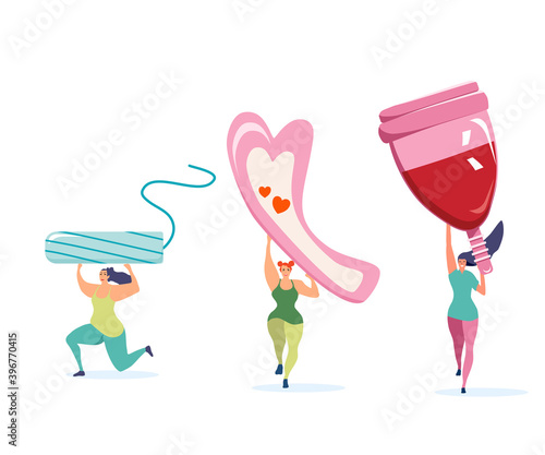 Three strong athletic girls holding big menstrual cup,tampon and sanitary pad.Comfort,protection and hygiene during periods.Body positive and women power set.Vector on white background.