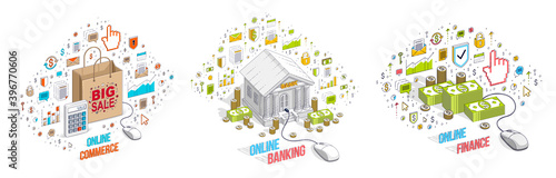 Different finance concepts illustrations 3D vector set isolated on white background, business and money conceptual designs collection, savings, bank, contract, income, safety, online.