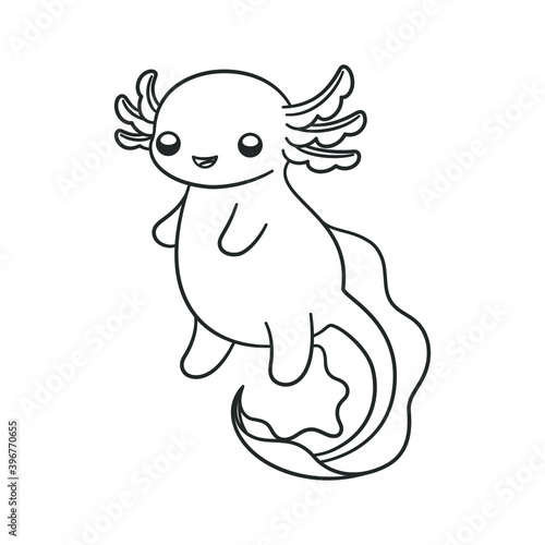 Happy axolotl outline line art cartoon vector illustration. Cute underwater aquatic animal design. Easy simple coloring book page activity for kids.