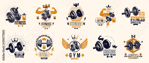 Gym fitness sport emblems and logos vector set isolated with barbells dumbbells kettlebells and muscle body man silhouettes and hands, athletics workout sport club, active lifestyle.