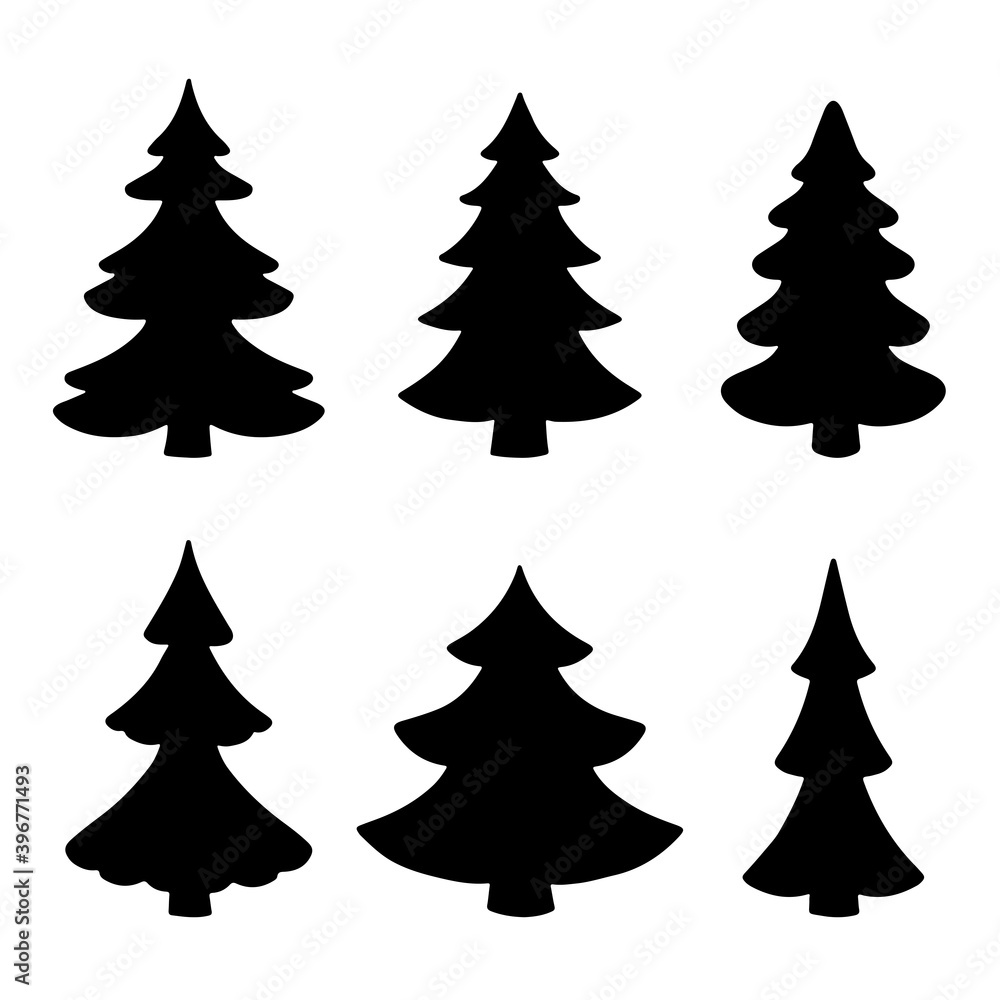 Hand drawn set silhouette Christmas Trees isolated on white background. Vector outline illustration. Design for holiday cards, backgrounds, ornaments, decoration, banner, flyer