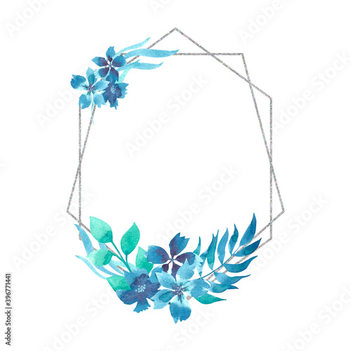 Watercolor floral frame with blue flowers and branches with a geometric silver element  isolated on a white background. For wedding invitations  greeting cards  textiles.