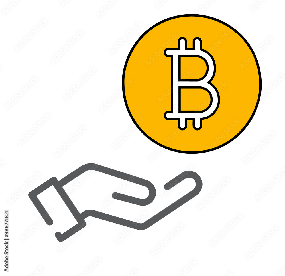 Flat hand holding Bitcoin icon isolated on white background Flat hand holding Bitcoin icon isolated on white background