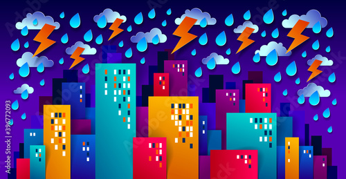 Cityscape under rain in the night cartoon vector illustration in paper cut kids application style, high city buildings real property houses and cloudy rainy sky midnight.