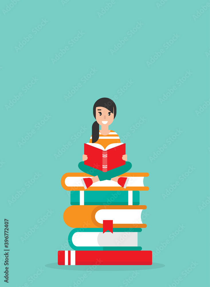 cute girl with red book siting on stack of books. creati cute girl with red book siting on stack of books. creati