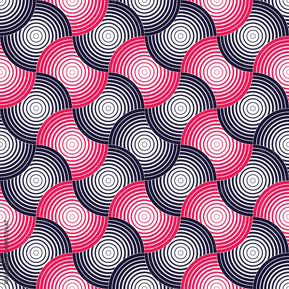 Abstract lines geometric seamless pattern, vector repeat endless fabric background. Overlapping circles funky theme. Usable for fabric, wallpaper, wrapping, web and print. Red and black Abstract lines geometric seamless pattern, vector repeat endless fabric background. Overlapping circles funky theme. Usable for fabric, wallpaper, wrapping, web and print. Red and black