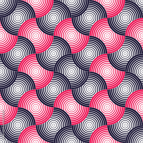Abstract lines geometric seamless pattern, vector repeat endless fabric background. Overlapping circles funky theme. Usable for fabric, wallpaper, wrapping, web and print. Red and black