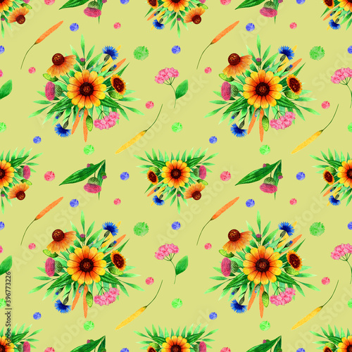 Wild flowers seamless pattern with blue cornflowers orange gerberas green leaves and other botanical elements.Floral watercolor background.Hand drawn illustration.For fabrics wrapping paper textiles.