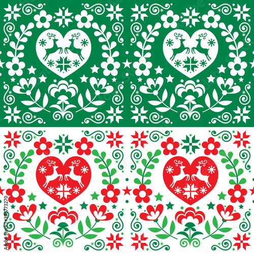 Christmas Scandinavian vector seamless pattern in green and red - folk art style with reindeer, Xmas trees and flowers