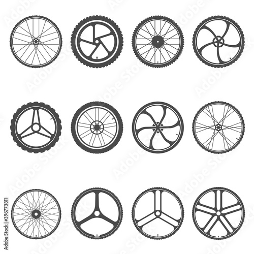 Bicycle wire wheel icon set, metal vehicle object